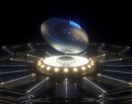 Photo for A futuristic sports concept of an aussie rules ball lit with neon markings floating above a futuristic neon stage  - 3D render - Royalty Free Image