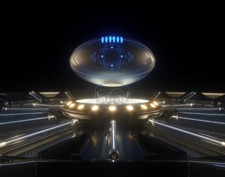 Téléchargez les photos : Un concept sportif futuriste d'une boule aussie aux règles éclairées de marques néon flottant au-dessus d'une scène néon futuriste - rendu 3D - en image libre de droit