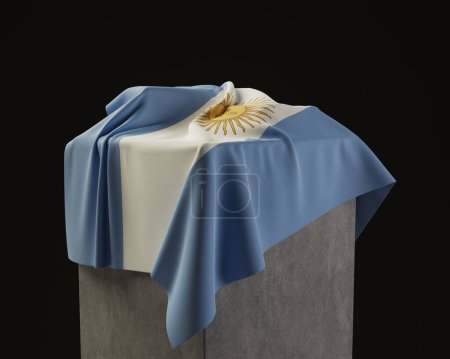 Téléchargez les photos : Un drapeau argentin drapé sur un socle de pierre sur un fond de studio sombre isolé - rendu 3D - en image libre de droit