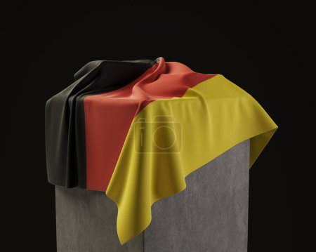 Téléchargez les photos : Un drapeau allemand drapé sur un socle de pierre sur un fond de studio sombre isolé - rendu 3D - en image libre de droit