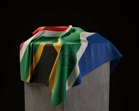 Téléchargez les photos : Un drapeau sud-africain drapé sur un socle de pierre sur un fond de studio sombre isolé - rendu 3D - en image libre de droit