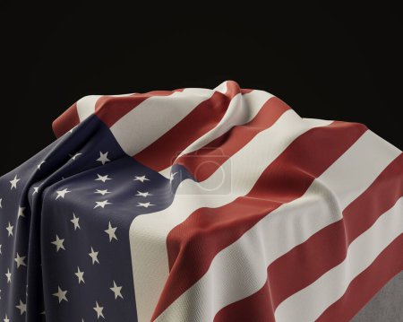 Un drapeau américain drapé sur un socle de pierre sur un fond de studio sombre isolé - rendu 3D