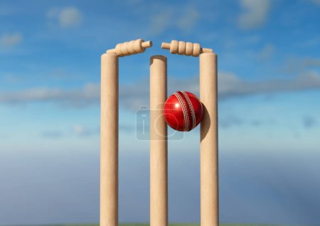 Ein roter Cricket-Ball schlägt hölzerne Cricket Pforten mit ausziehenden Ösen auf einem Tag Himmel Hintergrund - 3D-Render
