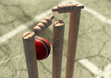 Téléchargez les photos : Une boule de cricket rouge frappant des guichets de cricket en bois avec des bails délogés sur un fond de ciel de jour - rendu 3D - en image libre de droit