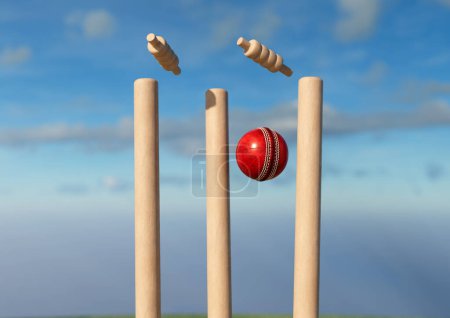 A red cricket ball striking wooden cricket wickets with dislodging bails on a day sky background - 3D render