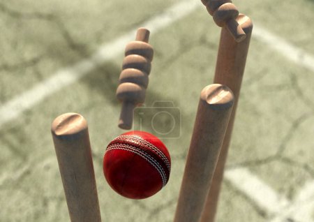 Téléchargez les photos : Une boule de cricket rouge frappant des guichets de cricket en bois avec des bails délogés sur un fond de ciel de jour - rendu 3D - en image libre de droit