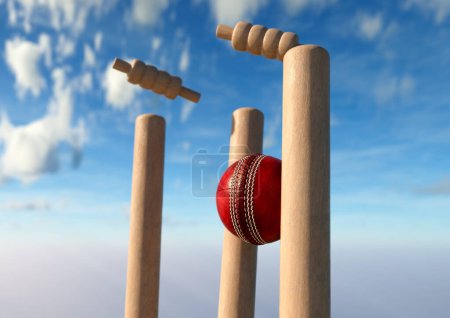 Ein roter Cricket-Ball schlägt hölzerne Cricket Pforten mit ausziehenden Ösen auf einem Tag Himmel Hintergrund - 3D-Render