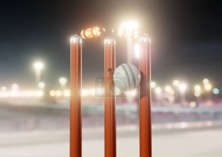 A red cricket ball striking wooden cricket wickets with dislodging bails on a day sky background - 3D render