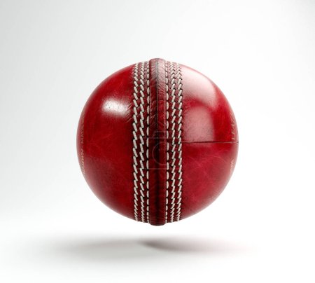 Ein regulärer roter Cricketball mit weißen Nähten und generischem Goldbrand auf isoliertem Hintergrund - 3D-Render