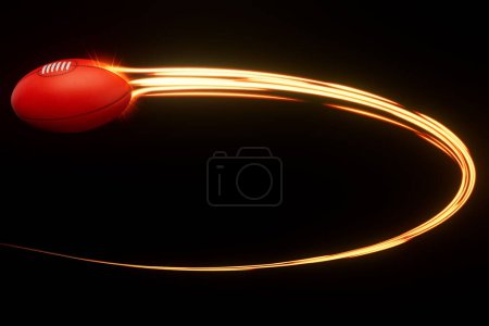 Photo for A aussie rules sport ball flying through the air with a flowing travelling trail of glowing wispy lights on an isolated background - 3D render - Royalty Free Image