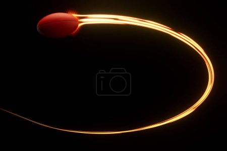 Photo for A aussie rules sport ball flying through the air with a flowing travelling trail of glowing wispy lights on an isolated background - 3D render - Royalty Free Image