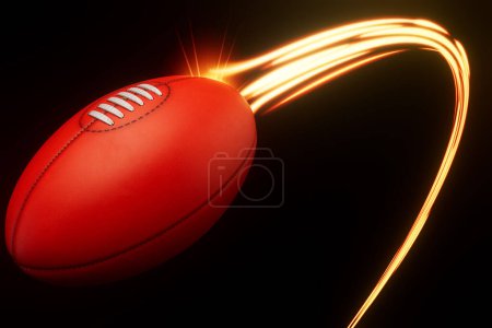 Téléchargez les photos : Une aussie règle la balle de sport volant dans les airs avec une traînée de lumières luisantes sur un fond isolé - rendu 3D - en image libre de droit