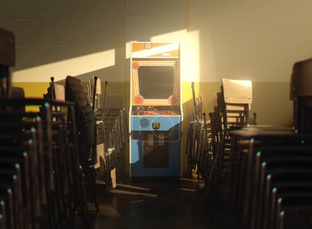 Ein vintagegenerisches Arcade-Videospielkabinett an einer gelben Wand in einem Raum, flankiert von gestapelten Stühlen, die von einem Fensterlicht beleuchtet werden - 3D-Render