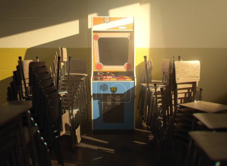 Ein vintagegenerisches Arcade-Videospielkabinett an einer gelben Wand in einem Raum, flankiert von gestapelten Stühlen, die von einem Fensterlicht beleuchtet werden - 3D-Render