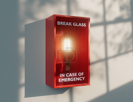 A red  in case of emergency box with breakable glass with an illuminated lightbulb inside it - 3D render