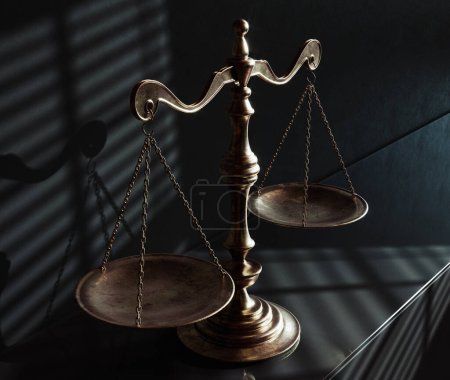 A gold justice balance scale on a shelf against a wall dimly lit by evening light through a window  - 3D render