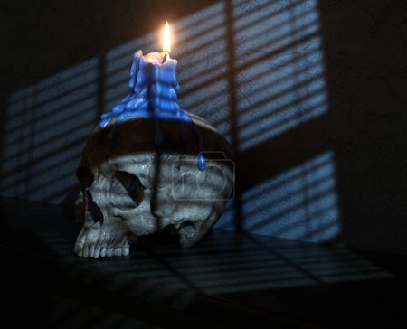 Téléchargez les photos : Un concept macabre montrant un crâne humain surmonté d'une bougie allumée fondue assise sur une étagère dans une fenêtre clair de lune pâle du soir - rendu 3D - en image libre de droit