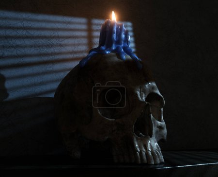 Téléchargez les photos : Un concept macabre montrant un crâne humain surmonté d'une bougie allumée fondue assise sur une étagère dans une fenêtre clair de lune pâle du soir - rendu 3D - en image libre de droit