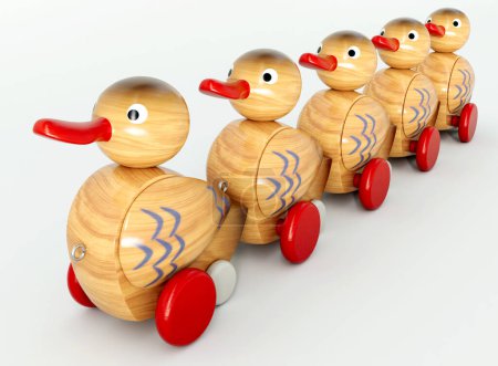 A row of organised wheeled wooden toy ducks with painted markings on an isolated background - 3D render