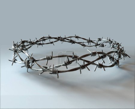 Foto de Un concepto moderno de hebras de alambre de púas tejidas en una corona que representa la crucifixión - 3D render - Imagen libre de derechos