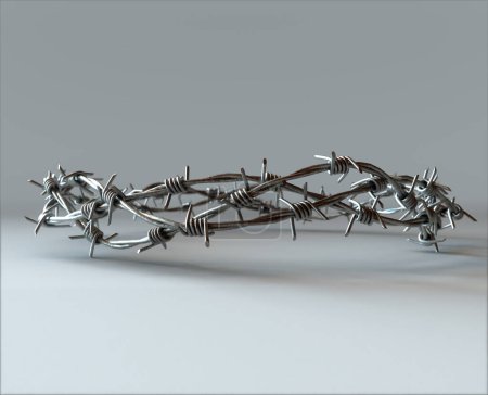 Foto de Un concepto moderno de hebras de alambre de púas tejidas en una corona que representa la crucifixión - 3D render - Imagen libre de derechos