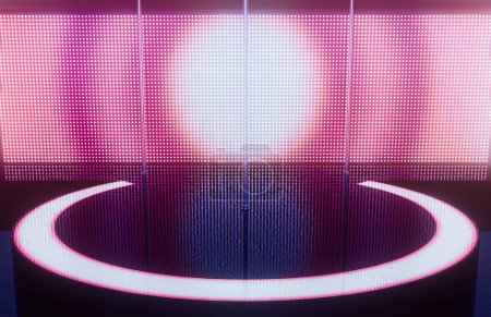 Foto de Un escenario de baile club de striptease vacío con tres polos y un telón de fondo de pantalla led iluminado - 3D render - Imagen libre de derechos