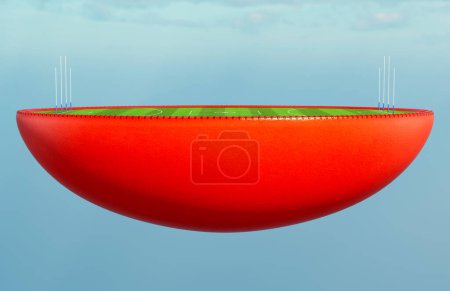 Photo for An ausralian rules  ball split in half revealing a marked green grass football pitch with goals in the daylight - 3D render - Royalty Free Image