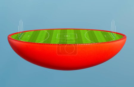 Photo for An ausralian rules  ball split in half revealing a marked green grass football pitch with goals in the daylight - 3D render - Royalty Free Image