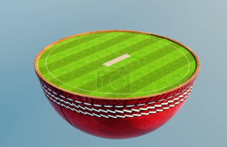 Téléchargez les photos : Un ballon de cricket divisé en deux révélant un terrain de cricket en herbe verte marquée et un terrain avec des guichets à la lumière du jour - rendu 3D - en image libre de droit