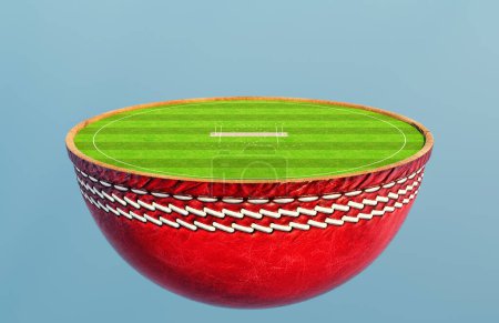 Téléchargez les photos : Un ballon de cricket divisé en deux révélant un terrain de cricket en herbe verte marquée et un terrain avec des guichets à la lumière du jour - rendu 3D - en image libre de droit
