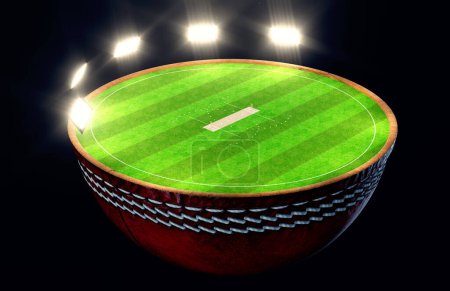 Téléchargez les photos : Un ballon de cricket divisé en deux révélant un champ de cricket en herbe verte marquée et un terrain avec des guichets la nuit sous des projecteurs éclairés - rendu 3D - en image libre de droit