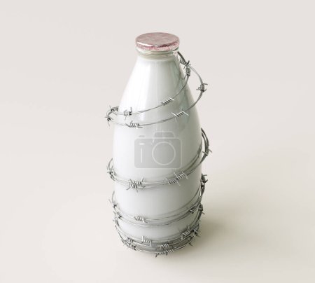 Téléchargez les photos : Un concept montrant une vieille bouteille de lait enveloppée dans du fil barbelé sur un fond de studio blanc - rendu 3D - en image libre de droit