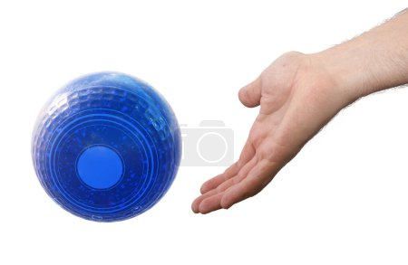 Photo for A male hand bowling and releasing a blue wooden lawn bowling ball on an isolated white  surface -3D render - Royalty Free Image