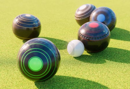 Photo for A set of old wooden lawn bowls next to a jack on a perfect flat green grass lawn outdoors - 3D render - Royalty Free Image