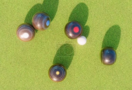 Photo for A set of old wooden lawn bowls next to a jack on a perfect flat green grass lawn outdoors - 3D render - Royalty Free Image