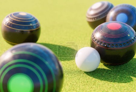 A set of old wooden lawn bowls next to a jack on a perfect flat green grass lawn outdoors - 3D render