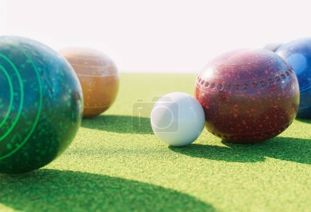 Photo for A set of colorful modern wooden lawn bowls next to a jack on a perfect flat green grass lawn outdoors - 3D render - Royalty Free Image