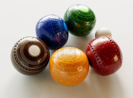 Photo for A collection of modern lawn bowling balls with various engraved patterns on an isolated white studio background - 3D render - Royalty Free Image