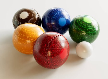 Photo for A collection of modern lawn bowling balls with various engraved patterns on an isolated white studio background - 3D render - Royalty Free Image