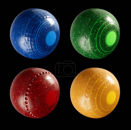 Photo for A collection of modern lawn bowling balls with various engraved patterns on an isolated  black background - 3D render - Royalty Free Image