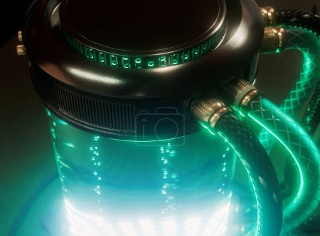Téléchargez les photos : Une machine à tubes à essai cryogénique de laboratoire de science de concept futuriste sombre remplie de liquide lumineux et de bulles avec des câbles connectés et des tuyaux en caoutchouc - 3D rende - en image libre de droit