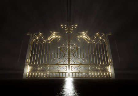 Photo for A concept of the closed golden gates of heaven backlit from behind by an ethereal light on a dark moody background - 3D render - Royalty Free Image