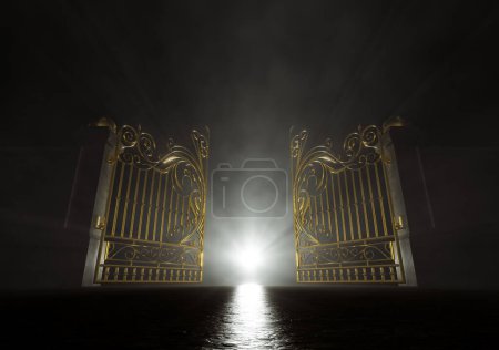 Foto de Un concepto de las puertas doradas abiertas del cielo retroiluminadas desde atrás por una luz etérea sobre un fondo oscuro y malhumorado - 3D render - Imagen libre de derechos