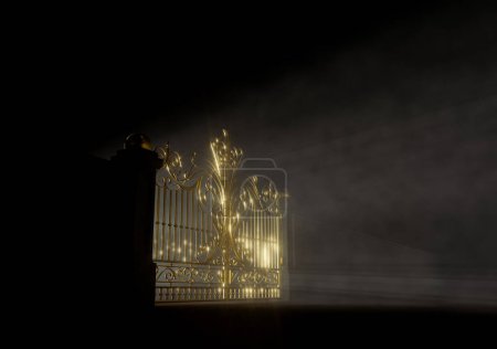 Téléchargez les photos : Un concept des portes dorées fermées du paradis rétro-éclairé par derrière par une lumière éthérée sur un fond sombre et lunatique - rendu 3D - en image libre de droit