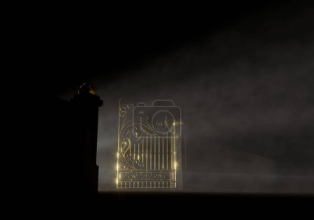 Téléchargez les photos : Un concept des portes dorées ouvertes du paradis rétro-éclairé par derrière par une lumière éthérée sur un fond sombre et lunatique - rendu 3D - en image libre de droit