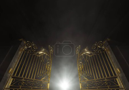 Téléchargez les photos : Un concept des portes dorées ouvertes du paradis rétro-éclairé par derrière par une lumière éthérée sur un fond sombre et lunatique - rendu 3D - en image libre de droit