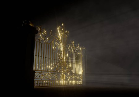 Téléchargez les photos : Un concept des portes dorées fermées du paradis rétro-éclairé par derrière par une lumière éthérée sur un fond sombre et lunatique - rendu 3D - en image libre de droit