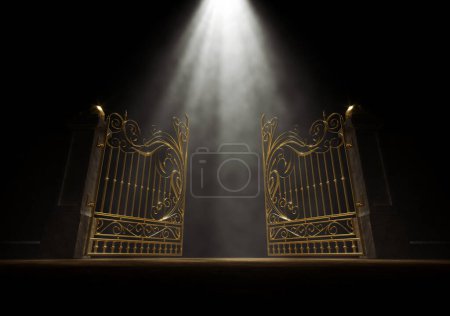 A concept of the open golden gates of heaven spotlit from above by an ethereal light on a dark moody background - 3D render