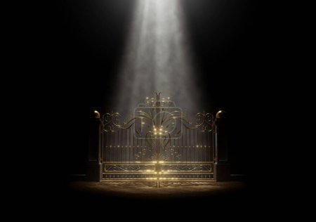 Photo for A concept of the closed golden gates of heaven spotlit from above by an ethereal light on a dark moody background - 3D render - Royalty Free Image