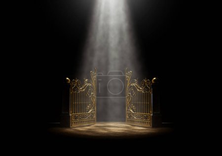 Foto de Un concepto de las puertas doradas abiertas del cielo iluminadas desde arriba por una luz etérea sobre un fondo oscuro y malhumorado - 3D render - Imagen libre de derechos